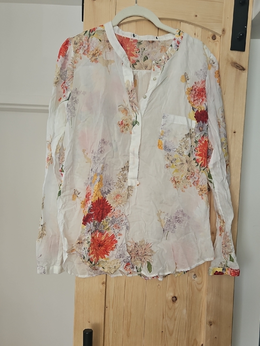 Zara White Floral Print Long-Sleeve Blouse with Red & Orange Blooms